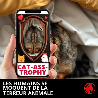 Une main humaine tient un t&eacute;l&eacute;phone affichant l'arri&egrave;re-train de la chatte mont&eacute; en plaque CAT-ASS-TROPHY sur Instagram, tandis que la vraie chatte se cache sous le lit.