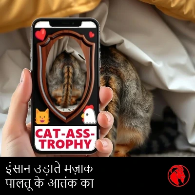 एक इंसानी हाथ में पकड़ा फ़ोन, जिसमें Instagram पर बिल्ली के पिछवाड़े को एक CAT-ASS-TROPHY तख़्ती की तरह मढ़ा हुआ दिखाया गया है, जबकि असली बिल्ली पलंग के नीचे छिपी है