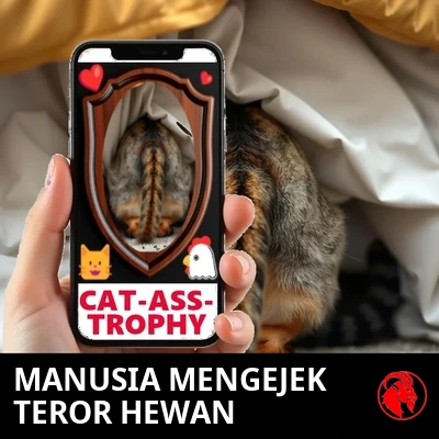 Sebuah tangan manusia memegang ponsel yang menampilkan bagian belakang si kucing dipajang sebagai plakat CAT-ASS-TROPHY di Instagram, sementara kucing sungguhannya bersembunyi di kolong tempat tidur.
