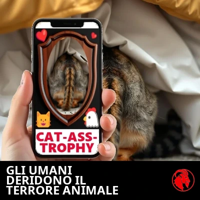 Una mano umana regge un telefono che mostra il posteriore della gatta montato come una targa CAT-ASS-TROPHY su Instagram, mentre la gatta vera si nasconde sotto il letto.