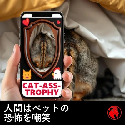 人間の手がスマートフォンを掲げ、その画面にはInstagram上で猫の後ろ半身が「CAT-ASS-TROPHY」の記念盾（トロフィー）として飾られている様子が映っている。一方、本物の猫はベッドの下に隠れている。