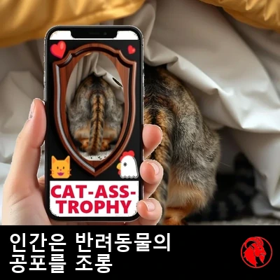 사람 손이 휴대폰을 들고 있고, 화면에는 고양이의 뒷모습이 Instagram에 CAT-ASS-TROPHY 명패로 박제되어 걸려 있으며, 정작 진짜 고양이는 침대 밑에 숨어 있다.