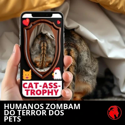 Uma mão humana segura um celular que exibe a traseira da gata montada como uma placa de troféu CAT-ASS-TROPHY no Instagram, enquanto a gata de verdade se esconde embaixo da cama.