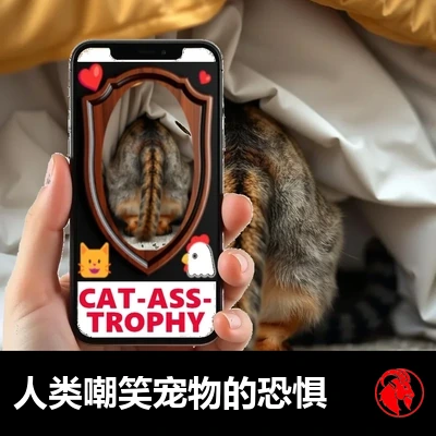 一只人手举着手机，屏幕上是猫的后半身被制成 CAT-ASS-TROPHY 纪念牌匾挂在 Instagram 上，而真正的猫却躲在床底。