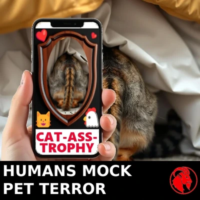 A human hand holds a phone showing the cat's hindquarters mounted as a CAT-ASS-TROPHY plaque on Instagram, while the real cat hides under the bed