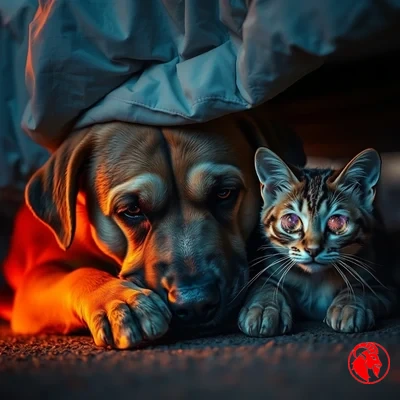A sad, hollow-eyed dog and a wide-eyed frightened cat huddle together under a bed at dusk, hiding from July 4th fireworks.