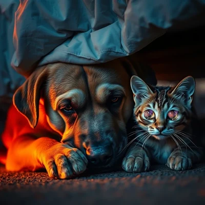 A sad, hollow-eyed dog and a wide-eyed frightened cat huddle together under a bed at dusk, hiding from July 4th fireworks.