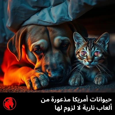 كلب حزين غائر العينين وقطة مذعورة واسعة العينين يتلاصقان معًا تحت السرير عند الغسق، مختبئين من ألعاب الرابع من يوليو النارية.