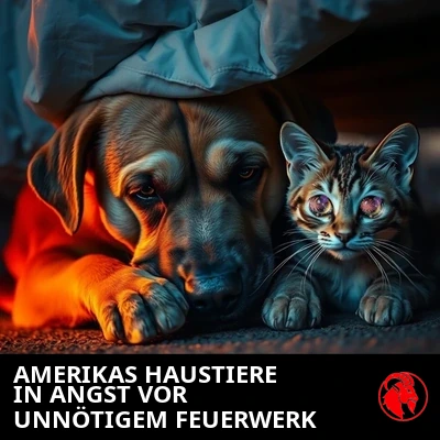 Ein trauriger Hund mit hohlem Blick und eine verängstigte Katze mit großen Augen kauern in der Dämmerung gemeinsam unter einem Bett und verstecken sich vor dem Feuerwerk zum 4. Juli.