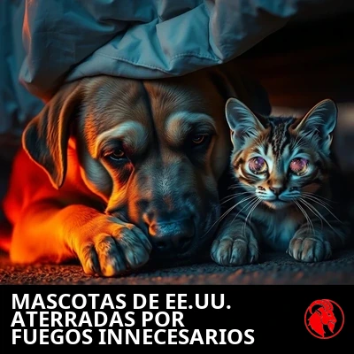Un perro triste, de ojos hundidos, y una gata asustada de ojos muy abiertos se acurrucan juntos bajo una cama al anochecer, escondiéndose de los fuegos artificiales del 4 de julio.