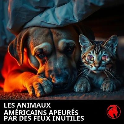 Un chien triste aux yeux caves et un chat effray&eacute; aux yeux &eacute;carquill&eacute;s se blottissent l'un contre l'autre sous un lit au cr&eacute;puscule, se cachant des feux d'artifice du 4 juillet.