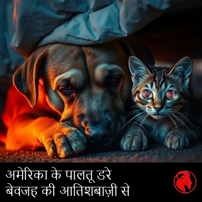 सांझ के वक़्त एक उदास, धंसी हुई आंखों वाला कुत्ता और एक बड़ी-बड़ी आंखों वाली सहमी हुई बिल्ली पलंग के नीचे एक-दूसरे से सटे बैठे हैं, जुलाई चार की आतिशबाज़ी से छिपते हुए।
