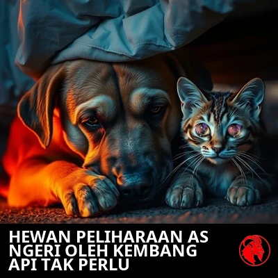 Seekor anjing bermata sayu dan cekung serta seekor kucing ketakutan bermata lebar meringkuk bersama di kolong tempat tidur saat senja, bersembunyi dari kembang api perayaan 4 Juli.
