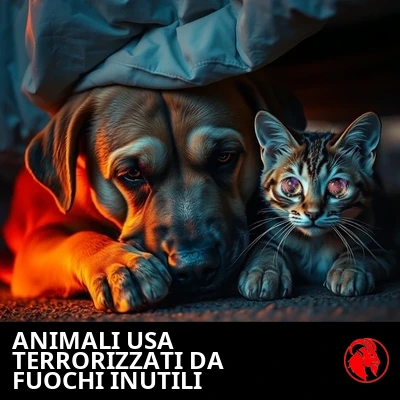 Un cane triste dagli occhi spenti e infossati e un gatto spaventato con gli occhi sgranati si rannicchiano insieme sotto un letto al crepuscolo, nascondendosi dai fuochi d'artificio del 4 luglio.