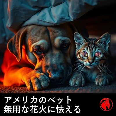 悲しげでうつろな目をした犬と、目を見開いておびえる猫が、夕暮れどきにベッドの下で身を寄せ合い、7月4日の独立記念日の花火から隠れている。