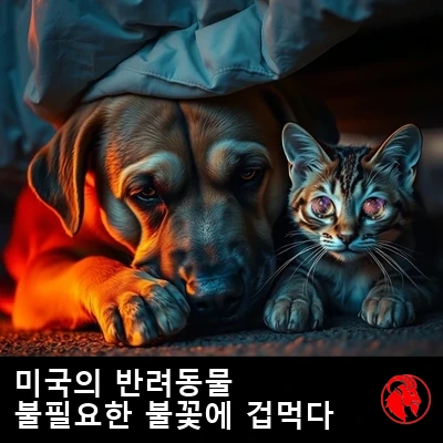 슬프고 퀭한 눈의 개와 눈을 동그랗게 뜬 겁먹은 고양이가 해질녘 침대 밑에서 서로 몸을 웅크린 채, 독립기념일 불꽃놀이를 피해 숨어 있다.