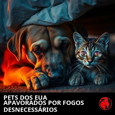 Um cão triste, de olhos fundos, e uma gata assustada de olhos arregalados se encolhem juntos embaixo de uma cama ao anoitecer, escondendo-se dos fogos de artifício de 4 de julho.
