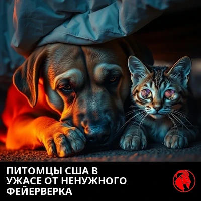 Грустный пёс с запавшими глазами и напуганная кошка с широко раскрытыми глазами жмутся друг к другу под кроватью в сумерках, прячась от фейерверков на День независимости.