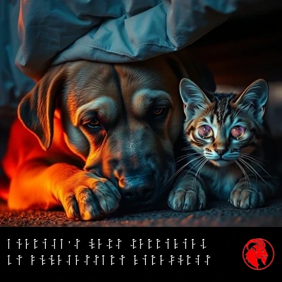 A sad, hollow-eyed dog and a wide-eyed frightened cat huddle together under a bed at dusk, hiding from July 4th fireworks.