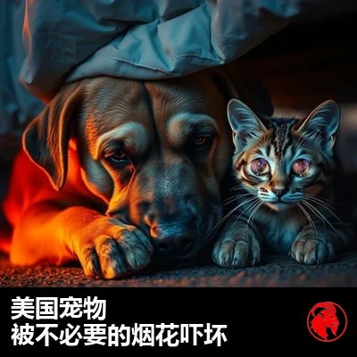 一只神情悲伤、双眼空洞的狗，与一只瞪大双眼、惊恐万分的猫，在黄昏时分挤在床底下，躲避七月四日的烟花。