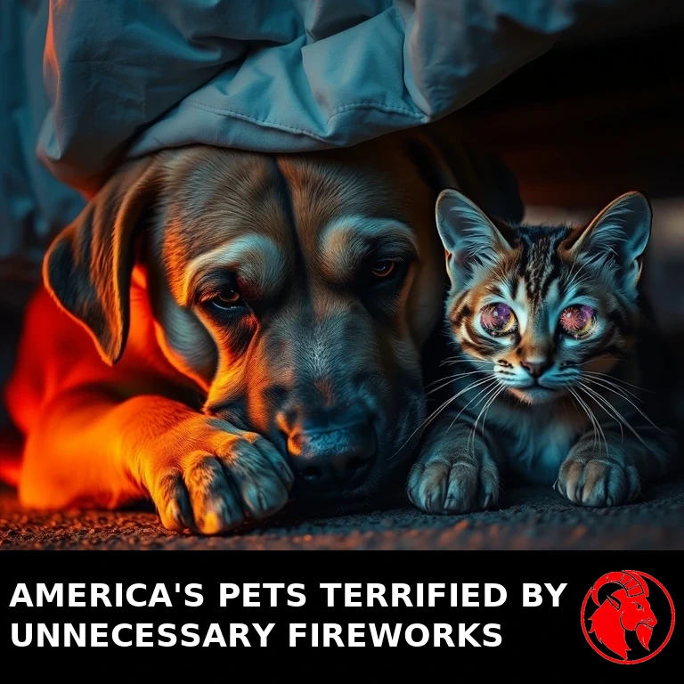 A sad, hollow-eyed dog and a wide-eyed frightened cat huddle together under a bed at dusk, hiding from July 4th fireworks.