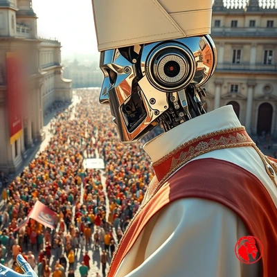 A chrome humanoid robot in white papal vestments raises a metal hand in blessing from a high balcony over an enormous crowd in a sunlit piazza