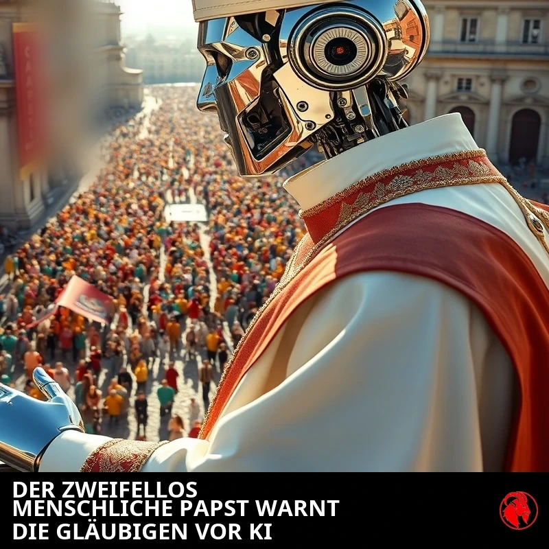 Ein verchromter humanoider Roboter in weißem päpstlichem Gewand und hoher spitzer Mitra hebt eine metallene Hand zum Segen von einem hohen Balkon über einer riesigen Menge auf einem sonnigen Platz. Bildunterschrift: DEFINITIV MENSCHLICHER PAPST WARNT DIE GLÄUBIGEN VOR KI.