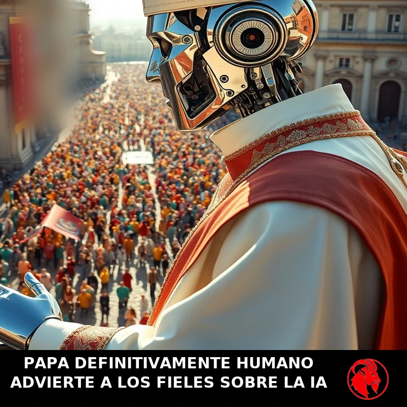 Un robot humanoide cromado con vestiduras papales blancas y una mitra alta y puntiaguda levanta una mano metálica en bendición desde un balcón alto sobre una multitud enorme en una plaza soleada. Leyenda: PAPA DEFINITIVAMENTE HUMANO ADVIERTE A LOS FIELES SOBRE LA IA.