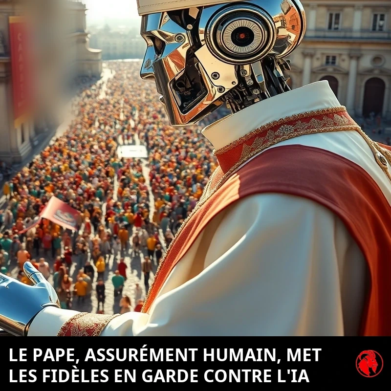 Un robot humanoïde chromé en habits papaux blancs et haute mitre pointue, l'œil en objectif de caméra et la mâchoire articulée bien visibles, lève une main de métal en signe de bénédiction depuis un balcon élevé au-dessus d'une foule immense sur une place ensoleillée. Légende : UN PAPE ASSURÉMENT HUMAIN MET EN GARDE LES FIDÈLES CONTRE L'IA.