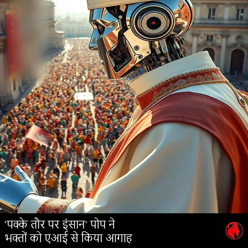 सफ़ेद पोप-वस्त्र और ऊँचे नुकीले मुकुट में एक क्रोम मानवरूपी रोबोट धूप से भरे चौक के ऊपर ऊँची बालकनी से विशाल भीड़ को धातु का हाथ उठाकर आशीर्वाद देता है। कैप्शन: निश्चित रूप से मानव पोप ने श्रद्धालुओं को AI से सावधान किया।