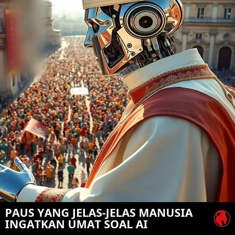 Robot humanoid krom berjubah kepausan putih dan mitra tinggi runcing mengangkat tangan logam memberkati dari balkon tinggi di atas kerumunan besar di alun-alun yang cerah. Keterangan: PAUS YANG PASTI MANUSIA MEMPERINGATKAN UMAT SOAL AI.