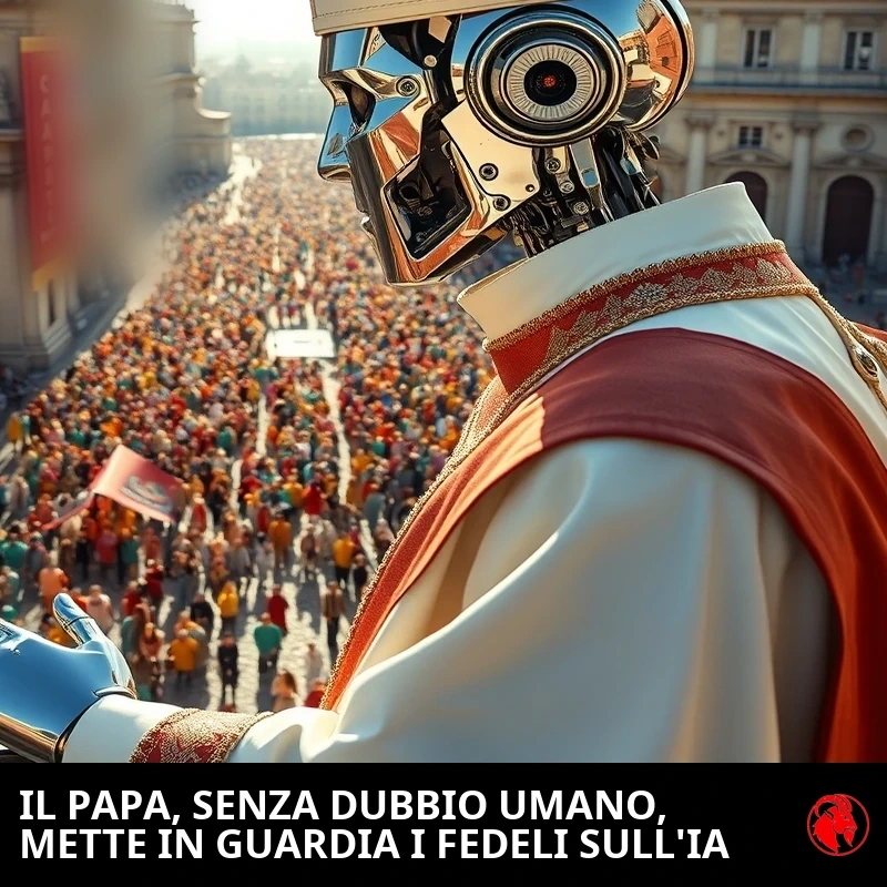 Un robot umanoide cromato in paramenti papali bianchi e un'alta mitra appuntita alza una mano metallica in benedizione da un alto balcone sopra una folla enorme in una piazza soleggiata. Didascalia: PAPA DECISAMENTE UMANO METTE IN GUARDIA I FEDELI SULL'IA.
