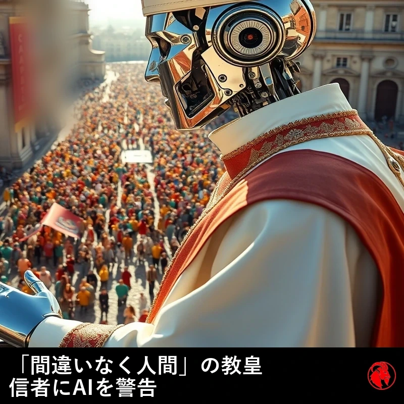 白い教皇服と高く尖ったミトラをまとったクロムの人型ロボットが、晴れた広場の大群衆の上の高いバルコニーから金属の手を挙げて祝福する。キャプション：間違いなく人間である教皇が信者にAIへの警戒を呼びかける。