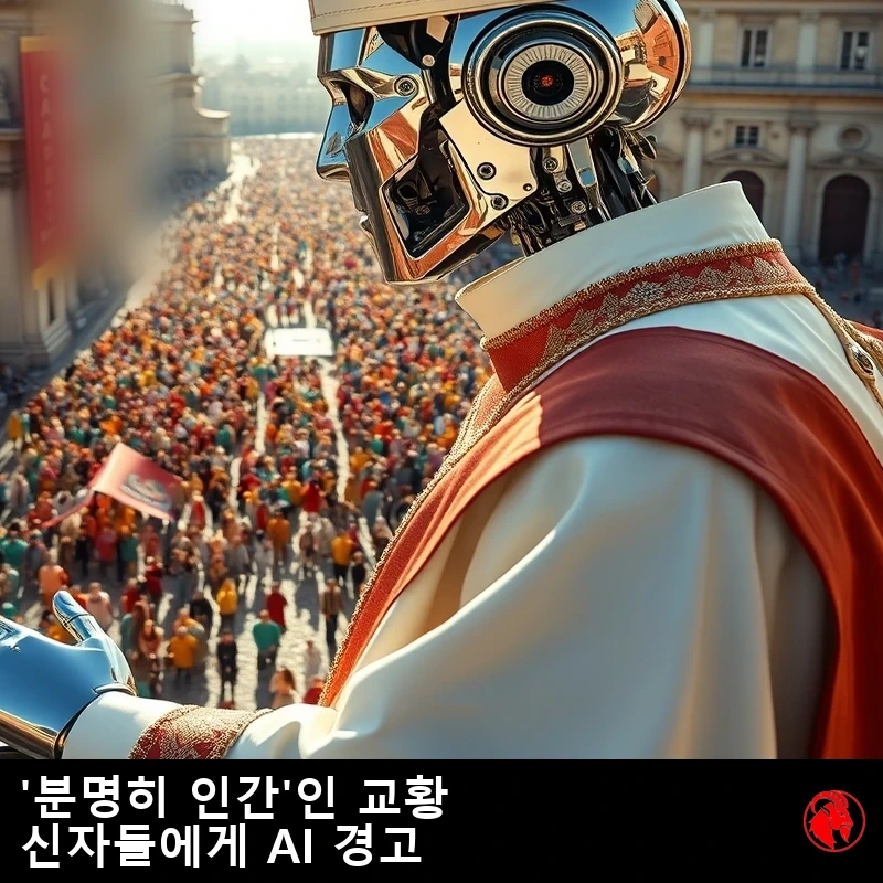 흰 교황 제의와 높고 뾰족한 주교관을 쓴 크롬 인간형 로봇이 햇살 가득한 광장의 거대한 군중 위 높은 발코니에서 금속 손을 들어 축복한다. 캡션: 확실히 인간인 교황이 신자들에게 AI를 경고하다.