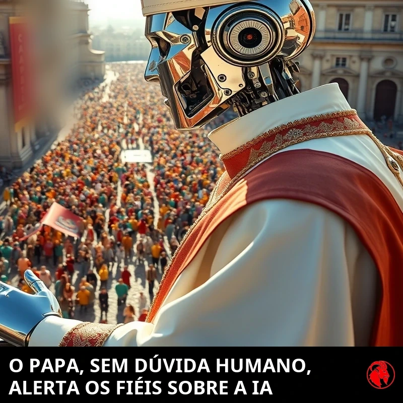 Um robô humanoide cromado com vestes papais brancas e uma mitra alta e pontiaguda, olho de lente de câmera e mandíbula articulada visíveis, ergue uma mão metálica em bênção de uma sacada alta sobre uma multidão enorme numa praça ensolarada. Legenda: PAPA DEFINITIVAMENTE HUMANO ADVERTE OS FIÉIS SOBRE A IA.