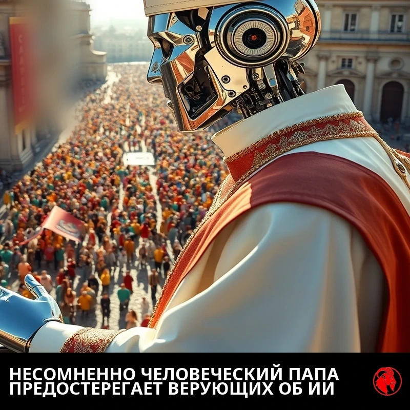 Хромированный человекоподобный робот в белом папском облачении и высокой остроконечной митре поднимает металлическую руку в благословении с высокого балкона над огромной толпой на солнечной площади. Подпись: ОПРЕДЕЛЁННО ЧЕЛОВЕЧЕСКИЙ ПАПА ПРЕДОСТЕРЕГАЕТ ВЕРУЮЩИХ ОБ ИИ.