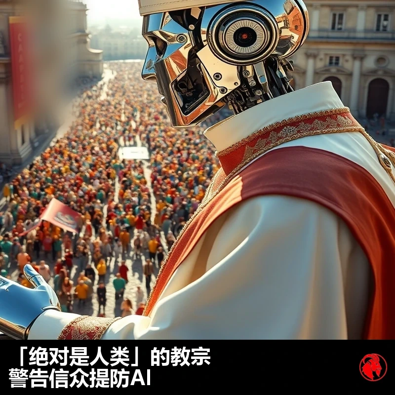 一个铬制人形机器人身着白色教宗法衣、头戴高耸尖顶的主教冠，在阳光普照的广场上方的高阳台上向庞大人群抬起金属手掌祝福。说明：绝对是人类的教宗警告信众提防 AI。