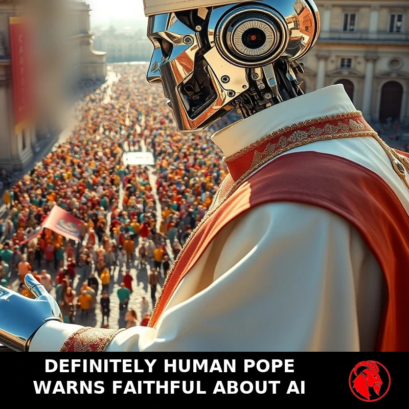 A chrome humanoid robot in white papal vestments and a tall pointed mitre, camera-lens eye and hinged jaw visible, raising a metal hand in blessing from a high balcony over an enormous crowd in a sunlit piazza. Caption: DEFINITELY HUMAN POPE WARNS FAITHFUL ABOUT AI.