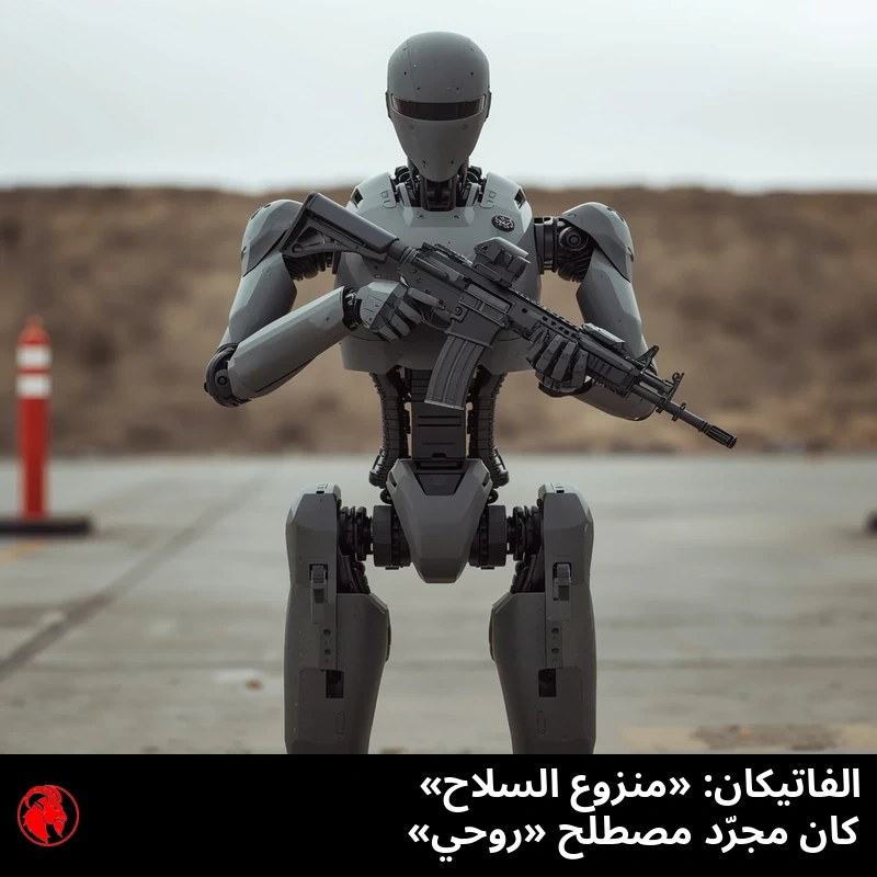 روبوت عسكري بشري الشكل رمادي بحجم إنسان، بخوذة بلا وجه، يحمل بندقية هجومية سوداء في ميدان اختبار خرساني. التعليق: الفاتيكان: 'نزع السلاح' كان مجرد مصطلح 'روحي'.