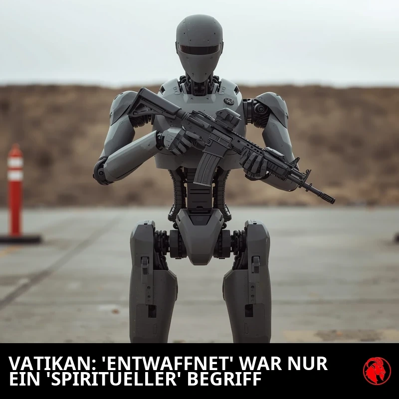 Ein menschengroßer grauer humanoider Militärroboter mit gesichtslosem Visier hält ein schwarzes Sturmgewehr auf einem Beton-Testgelände. Bildunterschrift: VATIKAN: 'ENTWAFFNEN' WAR NUR EIN 'SPIRITUELLER' BEGRIFF.