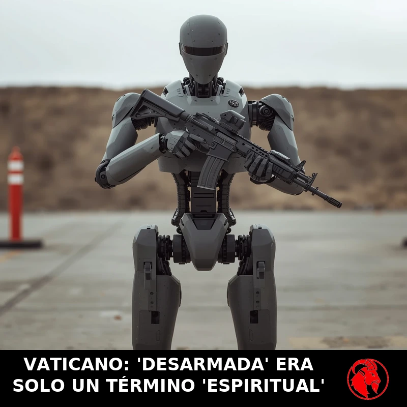 Un robot militar humanoide gris de tamaño humano con visor sin rostro sostiene un fusil de asalto negro en un campo de pruebas de concreto. Leyenda: VATICANO: 'DESARMADA' ERA SOLO UN TÉRMINO 'ESPIRITUAL'.