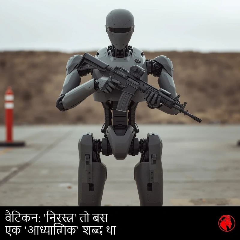 एक मानव-आकार का स्लेटी मानवरूपी सैन्य रोबोट, बिना चेहरे वाले वाइज़र के साथ, कंक्रीट के परीक्षण मैदान में एक काली असॉल्ट राइफ़ल थामे है। कैप्शन: वैटिकन: 'निरस्त्र' तो बस एक 'आध्यात्मिक' शब्द था।