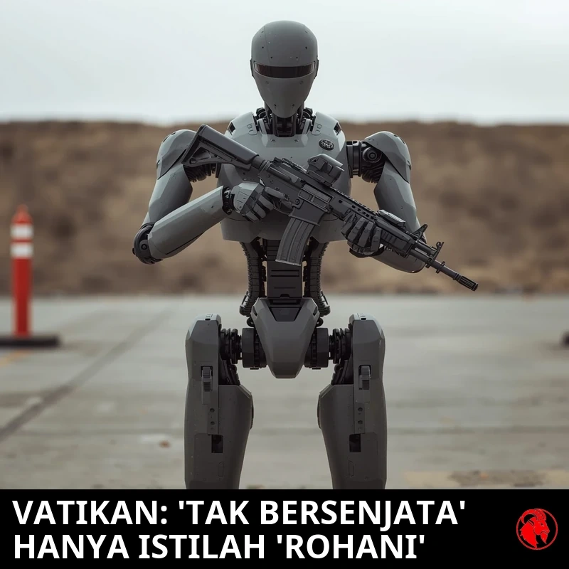 Robot militer humanoid abu-abu seukuran manusia dengan visor tanpa wajah memegang senapan serbu hitam di lapangan uji beton. Keterangan: VATIKAN: 'DILUCUTI' HANYALAH ISTILAH 'ROHANI'.