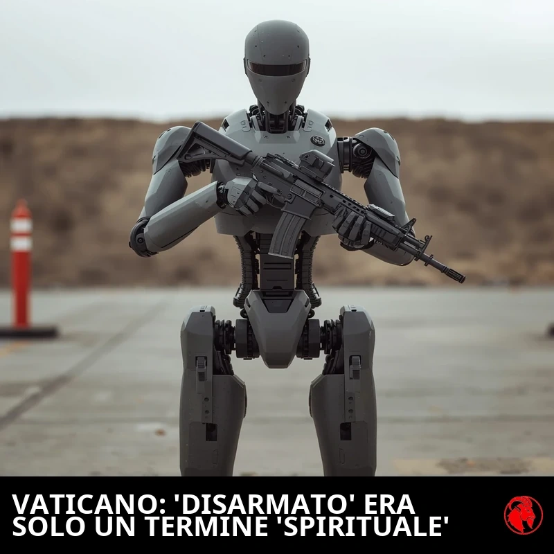 Un robot militare umanoide grigio a grandezza naturale con visiera senza volto impugna un fucile d'assalto nero in un poligono di prova di cemento. Didascalia: VATICANO: 'DISARMARE' ERA SOLO UN TERMINE 'SPIRITUALE'.