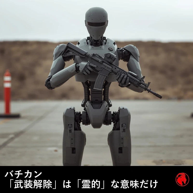 顔のないバイザーを着けた等身大の灰色の人型軍用ロボットが、コンクリートの試験場で黒い突撃銃を構えている。キャプション：バチカン：「武装解除」は単なる「霊的」用語でした。
