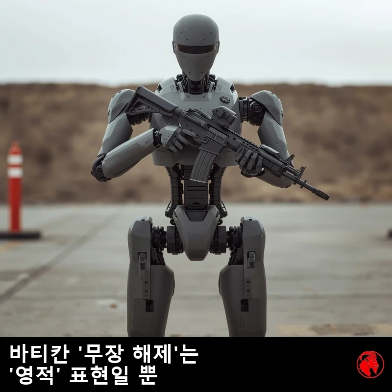 얼굴 없는 바이저를 쓴 실물 크기의 회색 인간형 군용 로봇이 콘크리트 시험장에서 검은 돌격소총을 들고 있다. 캡션: 바티칸: '무장 해제'는 그저 '영적' 용어였습니다.