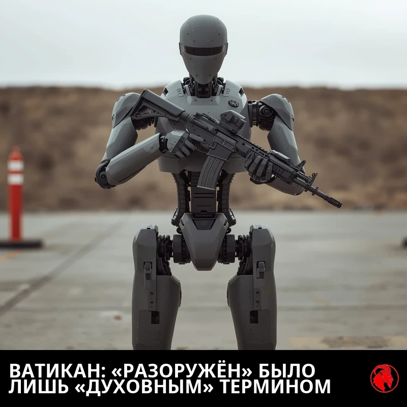 Серый человекоподобный военный робот в человеческий рост с безликим визором держит чёрную штурмовую винтовку на бетонном полигоне. Подпись: ВАТИКАН: «РАЗОРУЖИТЬ» — ЭТО БЫЛ ПРОСТО «ДУХОВНЫЙ» ТЕРМИН.