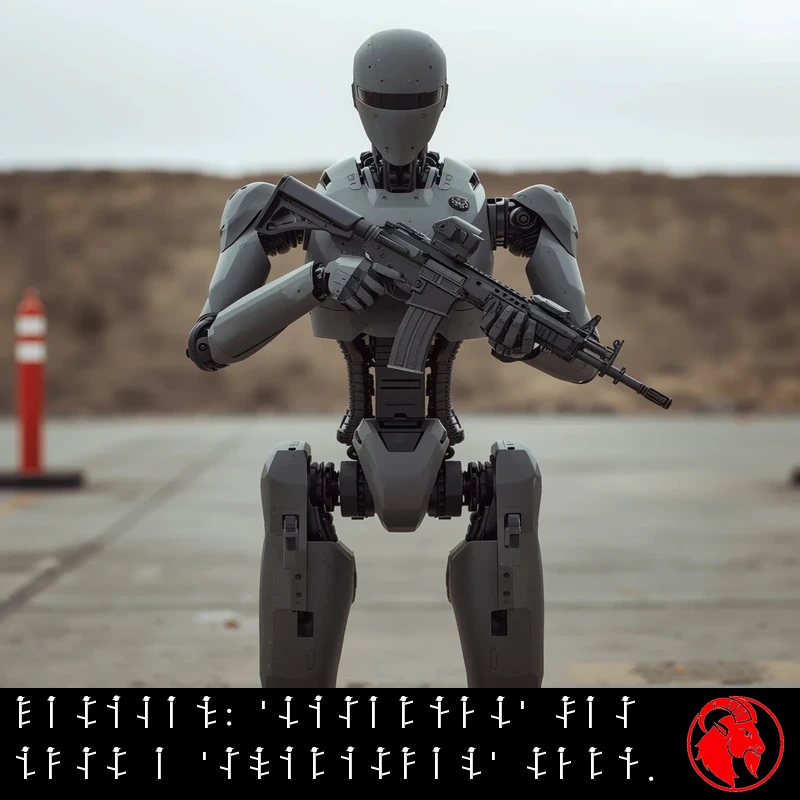 A human-sized grey humanoid military robot with a faceless visor head holds a black assault rifle at low-ready on a concrete test range, dirt berm behind. Caption: VATICAN: 'DISARMED' WAS JUST A 'SPIRITUAL' TERM.