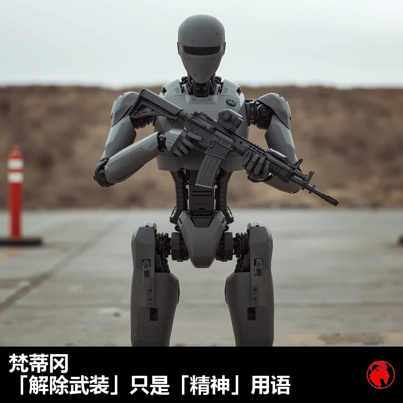 一个与真人同高的灰色人形军用机器人，戴着无脸面罩，在混凝土试验场上握着一支黑色突击步枪。说明：梵蒂冈：「解除武装」只是一个「属灵」用语。