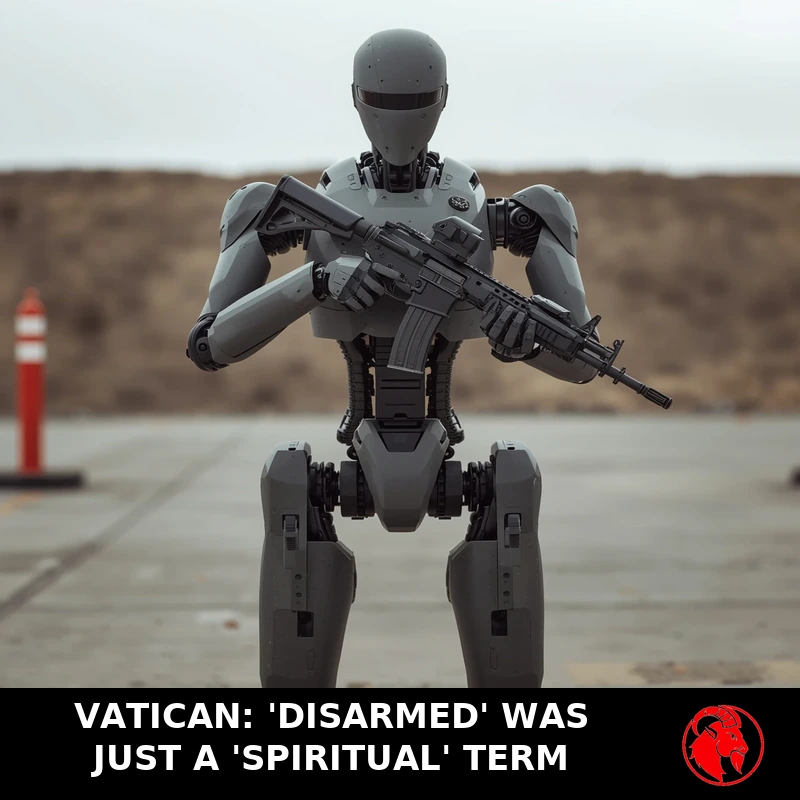 A human-sized grey humanoid military robot with a faceless visor head holds a black assault rifle at low-ready on a concrete test range, dirt berm behind. Caption: VATICAN: 'DISARMED' WAS JUST A 'SPIRITUAL' TERM.